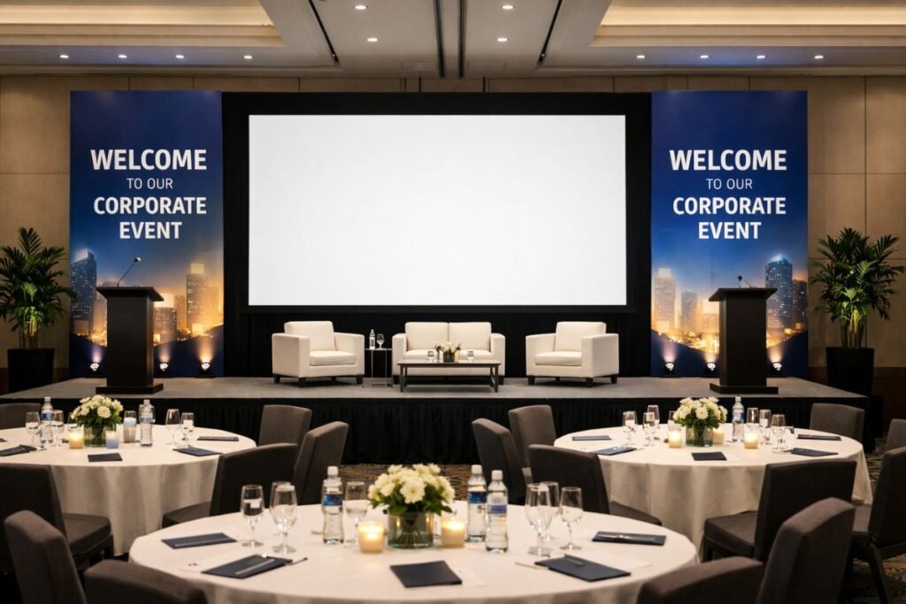 corporate stage setup with branding and LED screen