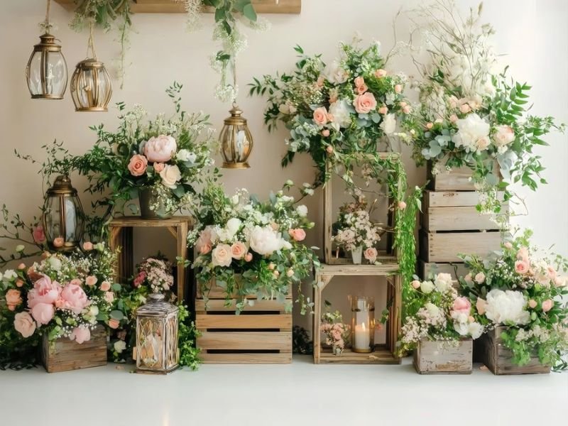 
floral stage backdrop with greenery and flowers