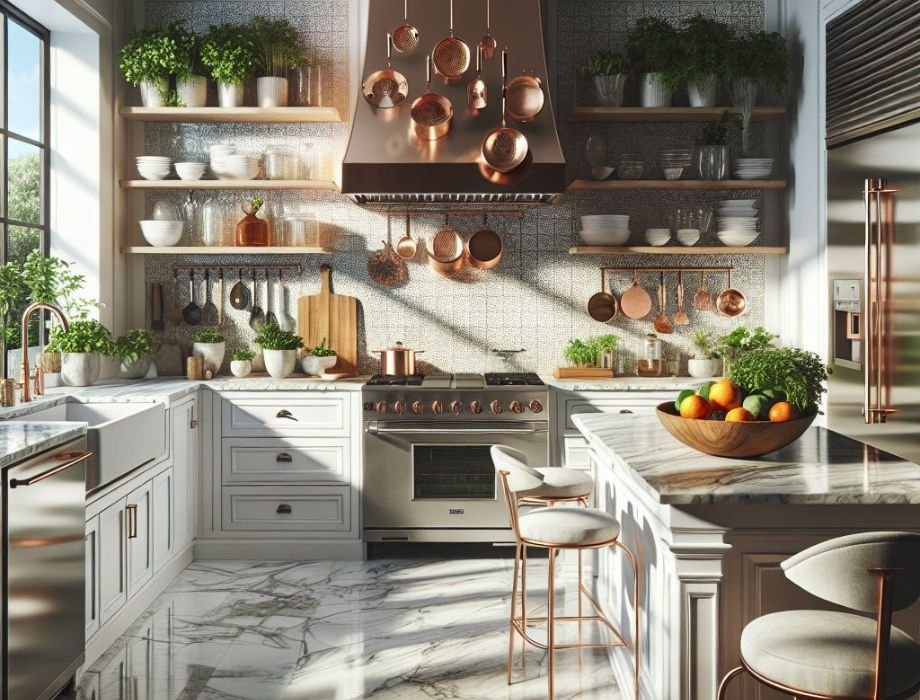 italian kitchen design with open shelves and copper utensils decoro concept
