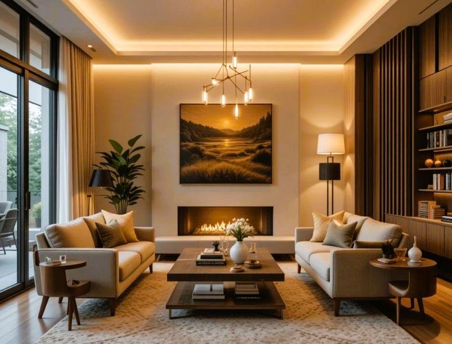 layered lighting in interior design with warm ambient light setup