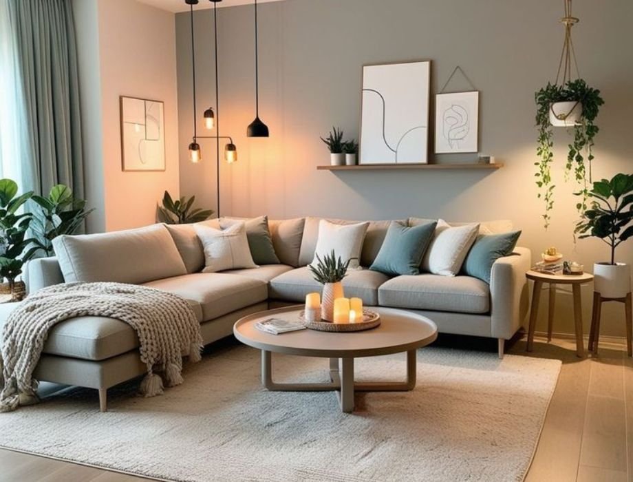 living room design with warm tones following decoro principles