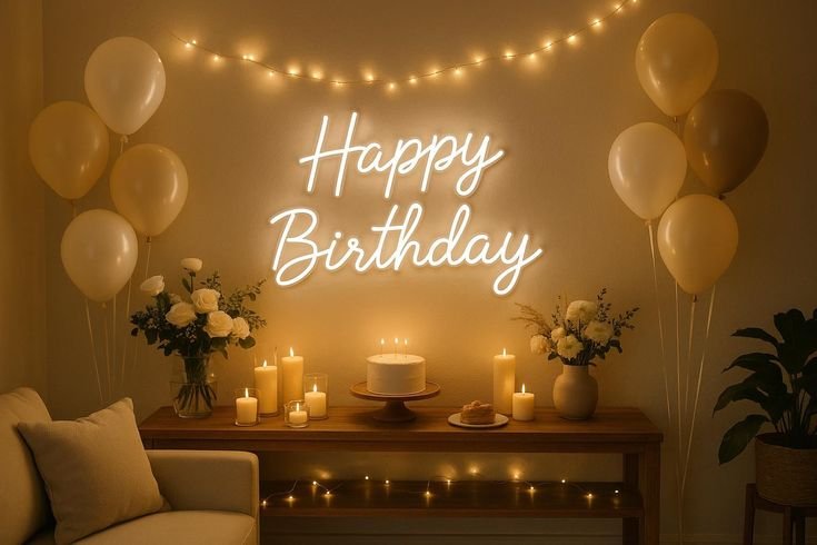 birthday party decoration with neon sign and balloons