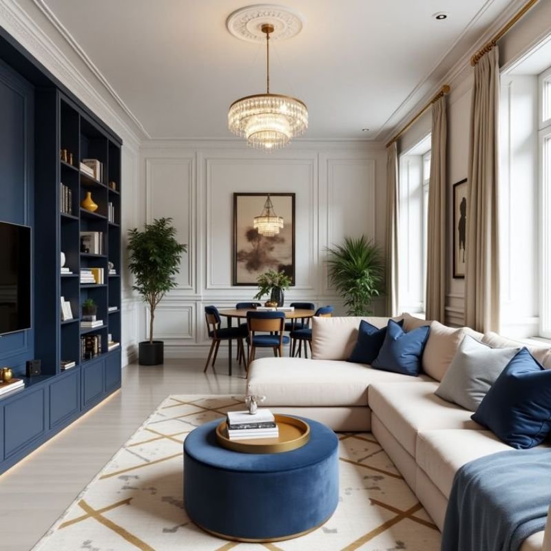 Navy accent wall with modern furniture