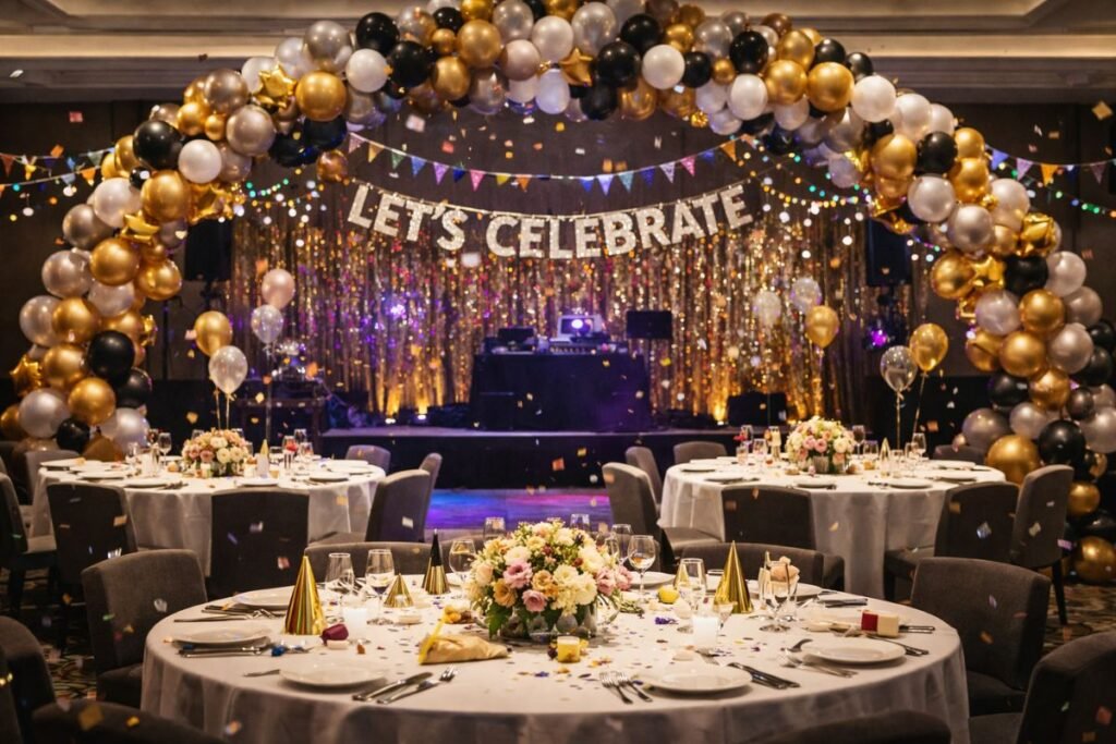 birthday party stage decoration with balloons and theme setup