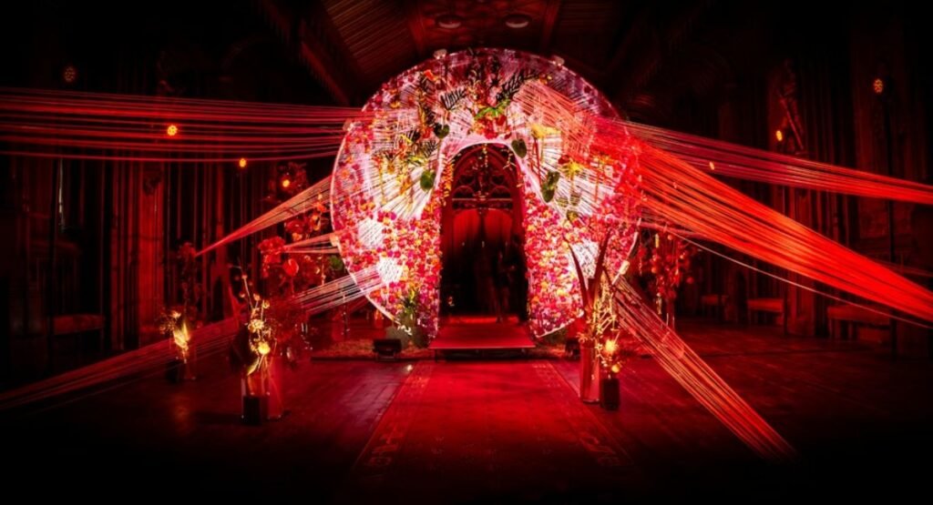 beautiful stage decoration with lighting and floral backdrop
