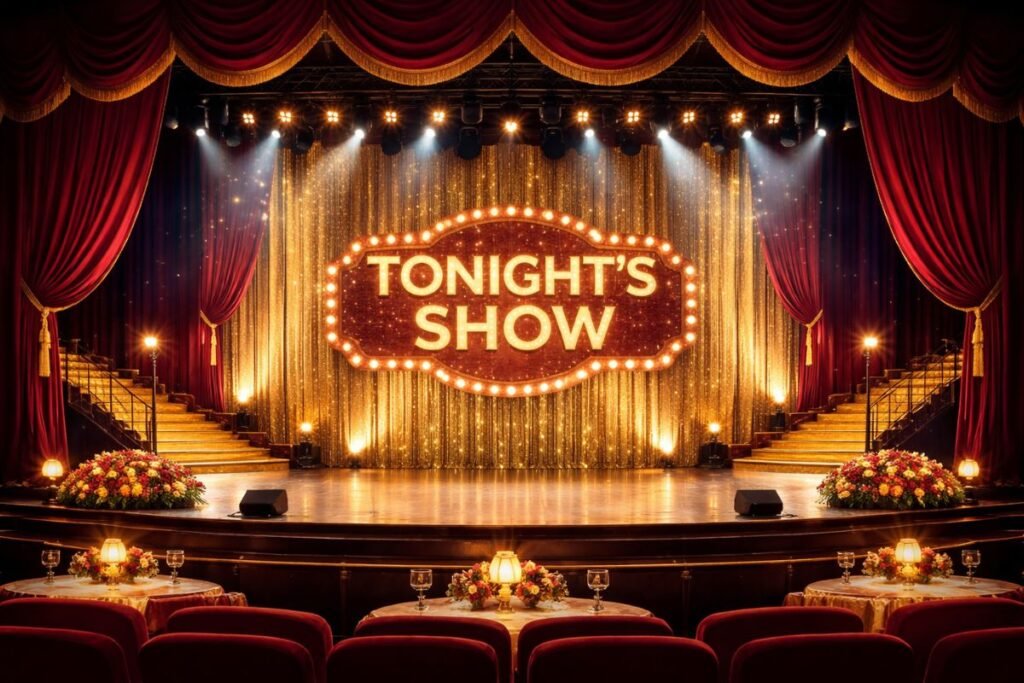 theater stage setup with props and painted backdrop