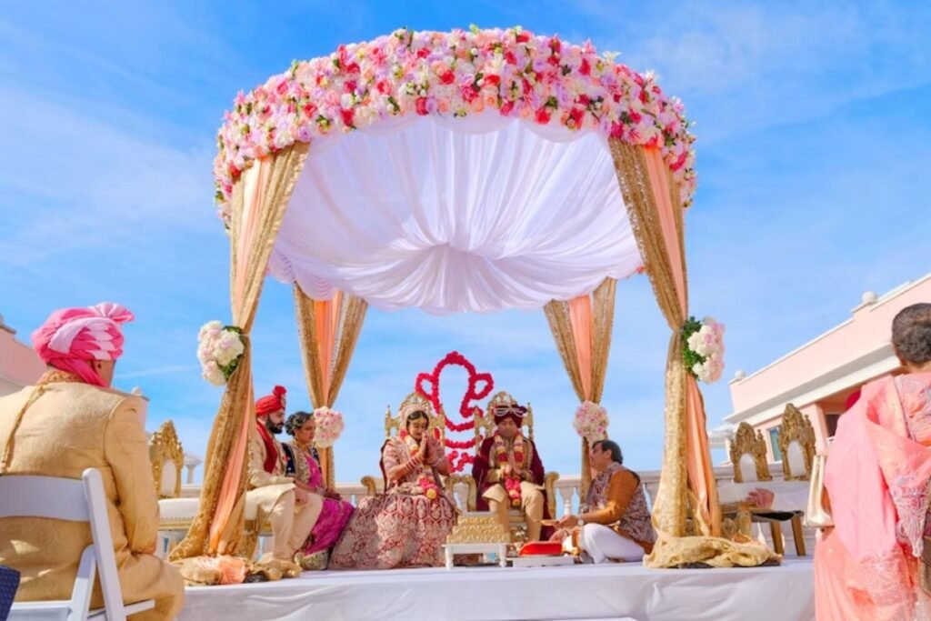 elegant wedding stage decoration with flowers and sofa