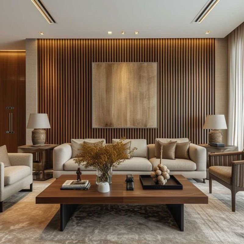 living room wood accent wall behind sofa with modern neutral decor