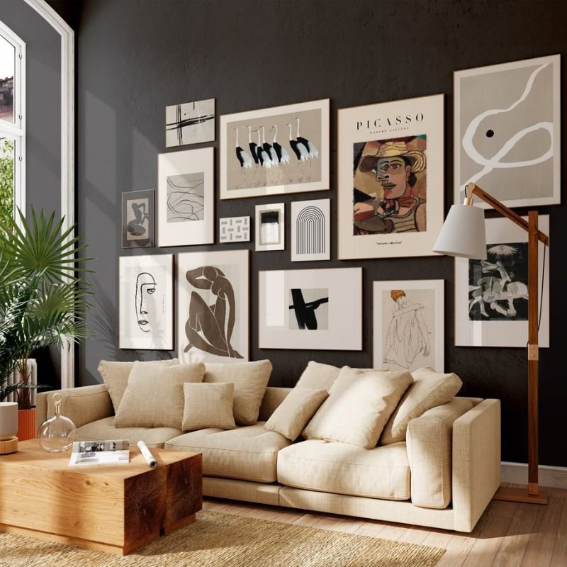 minimalist gallery wall with abstract art layout ideas