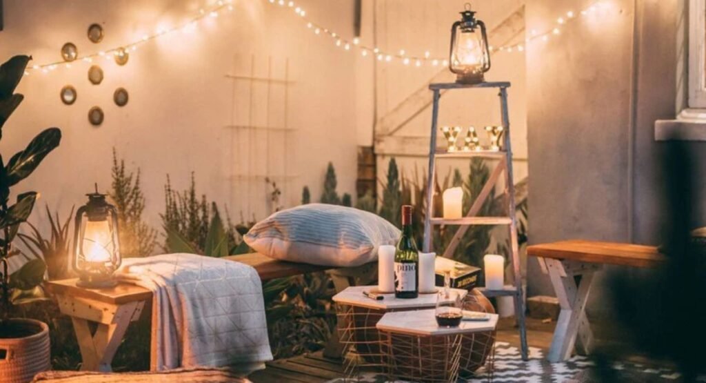 "Ambient lighting in dining room highlighting wall decor and creating cozy atmosphere"