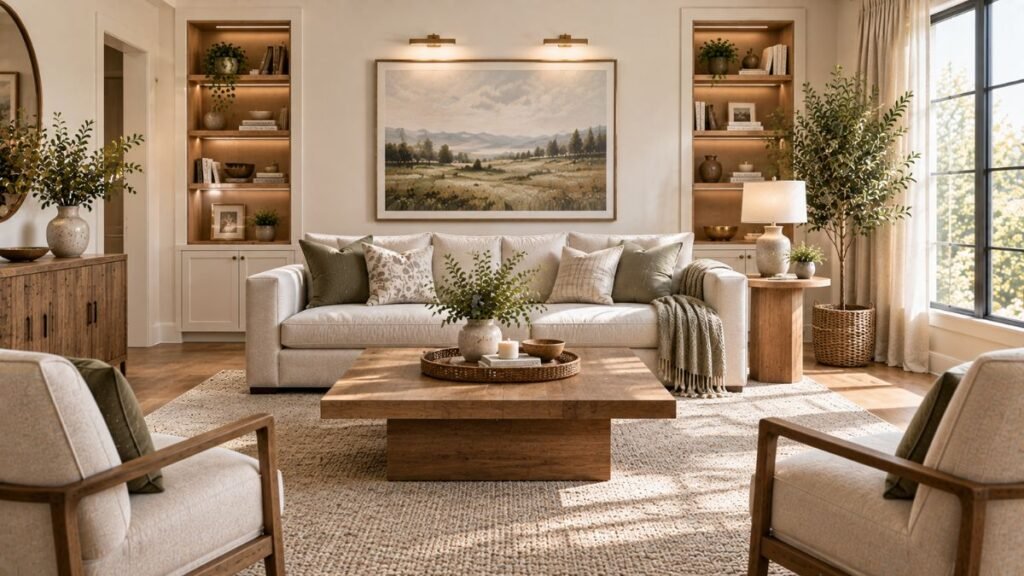 Framed artwork above sofa