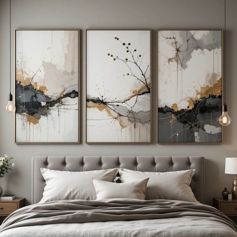 bedroom with artwork above upholstered headboard