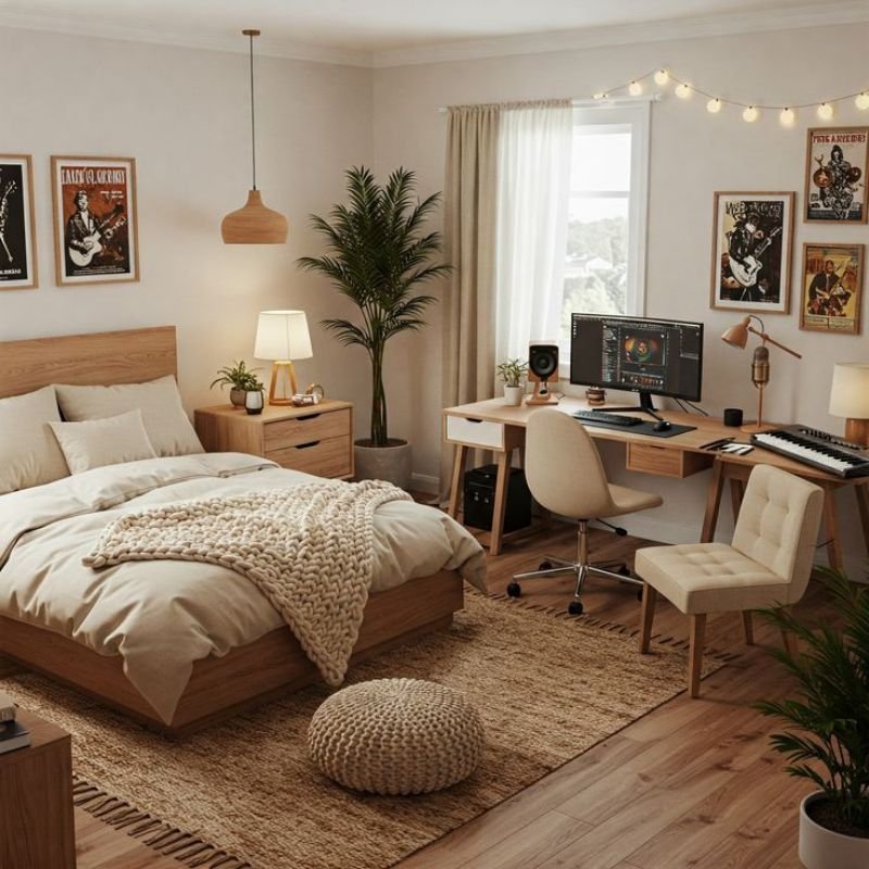 "small bedroom converted into home office workspace setup"