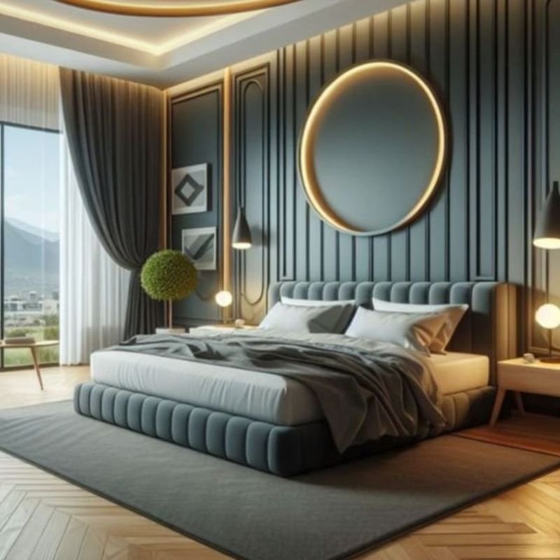 bedroom interior with matching rug curtains and bedding color scheme