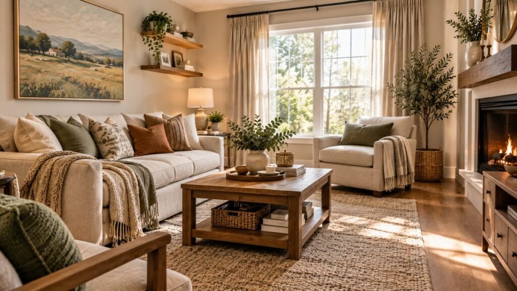 Cozy living room with layered textures and neutral colors