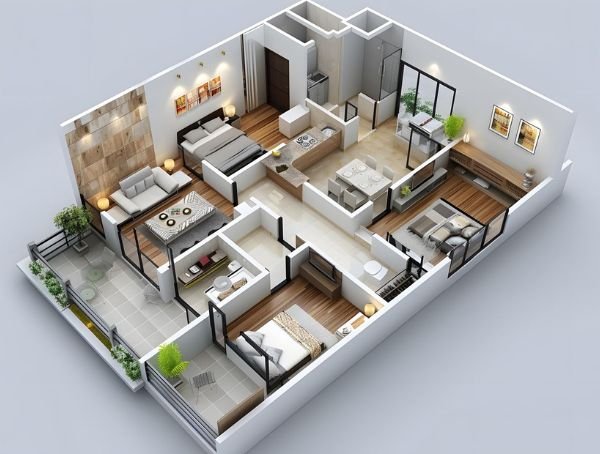 floor plan of 3 bedroom apartments showing standard luxury and compact layouts