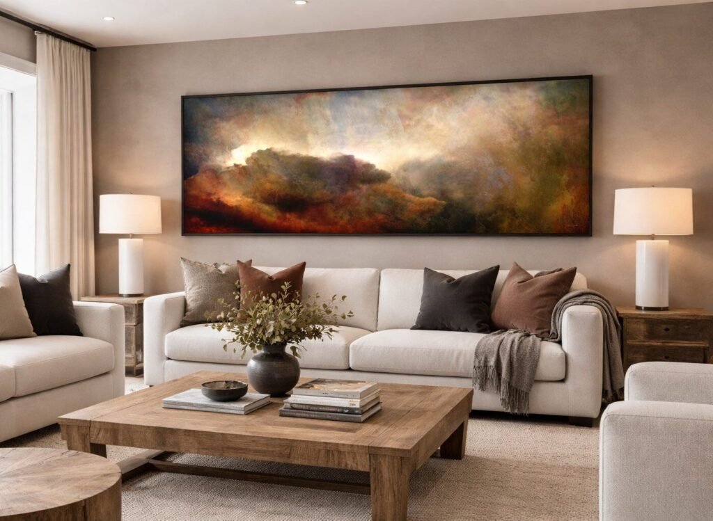 correct size abstract wall art above sofa proportion guide