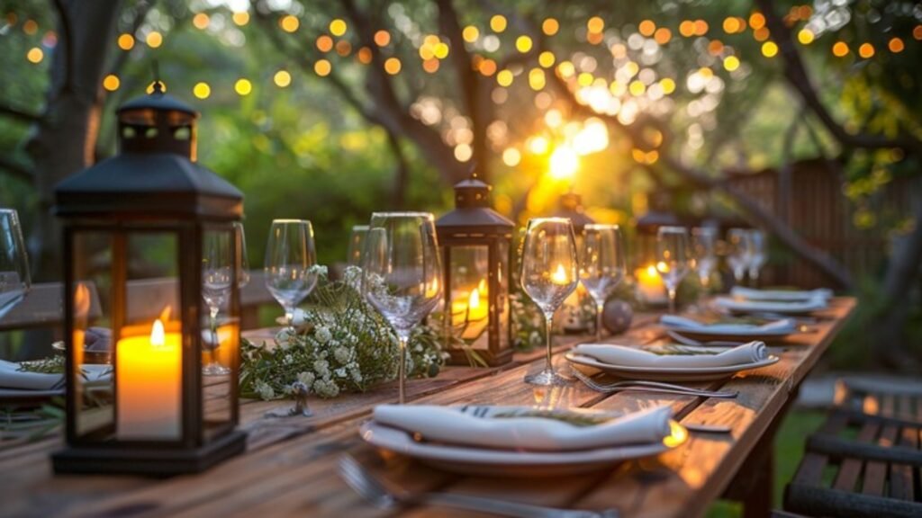elegant garden graduation party evening lights and table setup