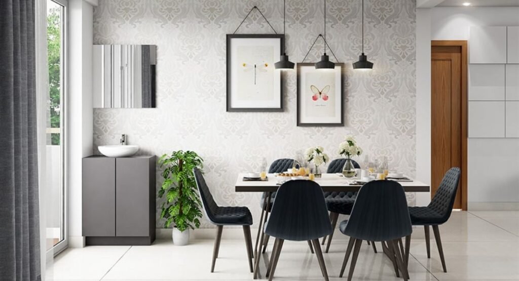 "Stylish dining room wall decor with modern artwork and elegant interior design"