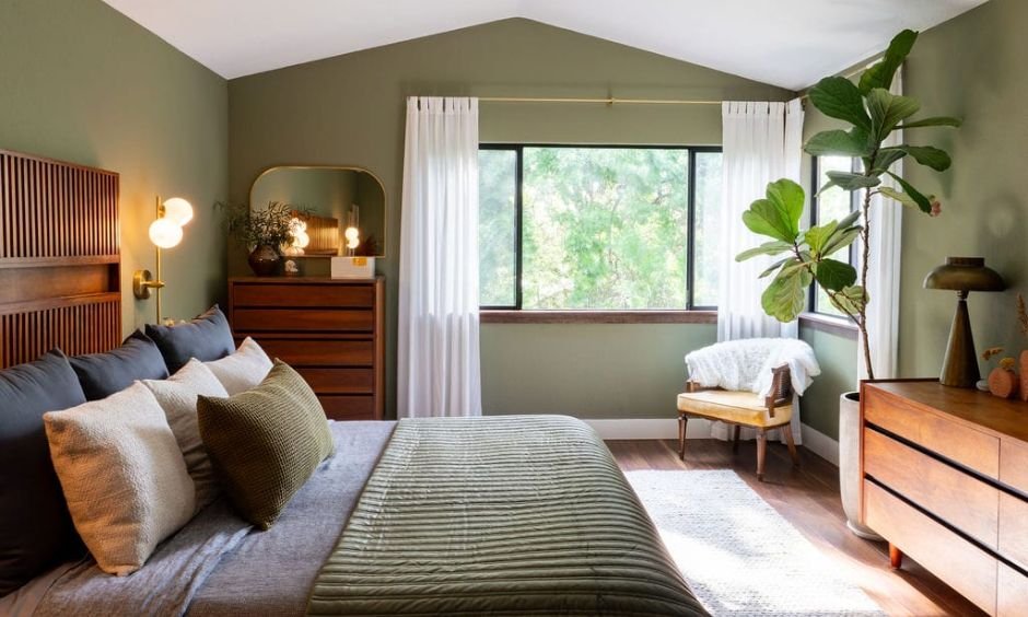 feng shui bedroom color palette with beige sage green and earthy tones