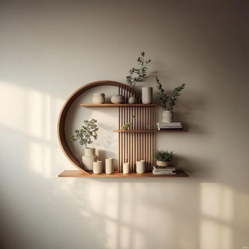 "Floating shelves in dining room styled with plants candles and decorative objects"
