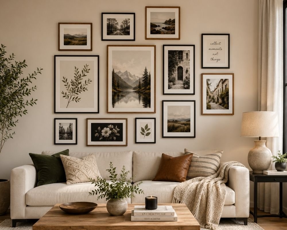 gallery style framed wall art arrangement