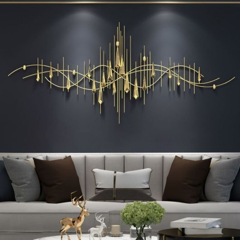 geometric metal wall art with hexagon and triangle patterns on wall