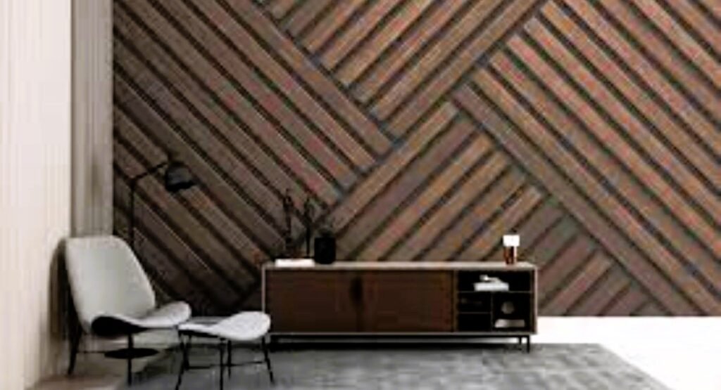 geometric wood wall art with 3d slats creating modern interior design texture