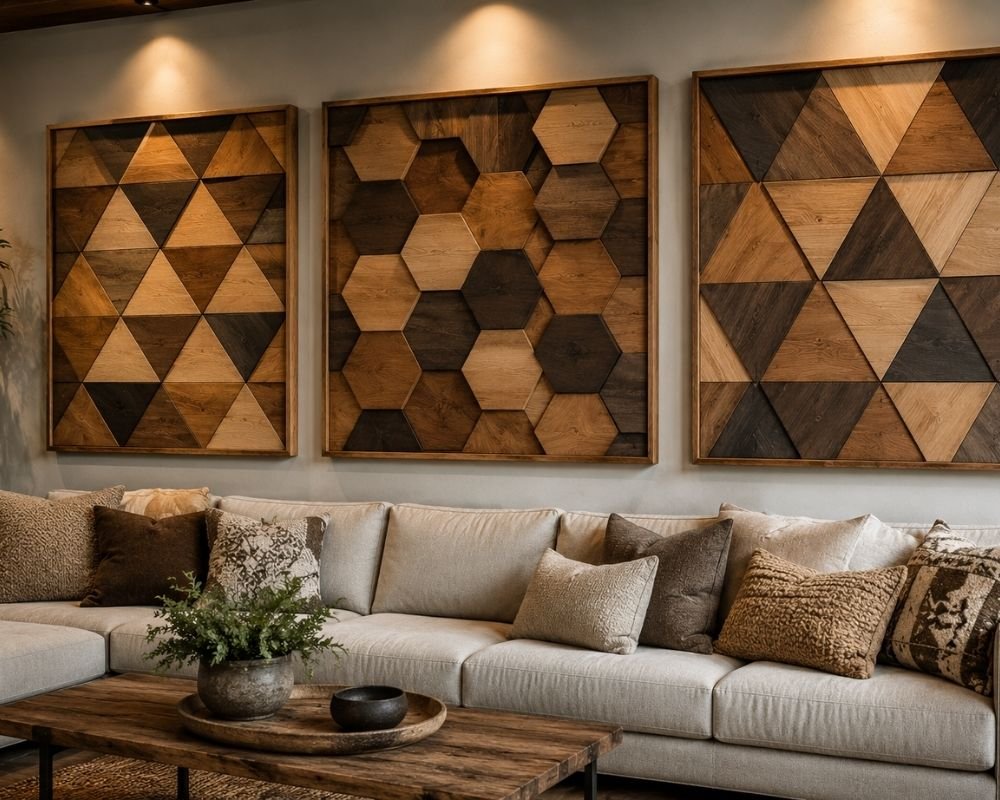 geometric wooden wall panels in modern interior