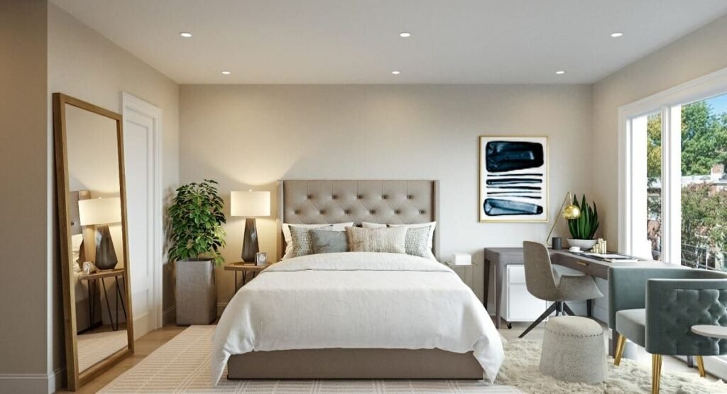 guest bedroom standard size with queen bed and minimal furniture setup