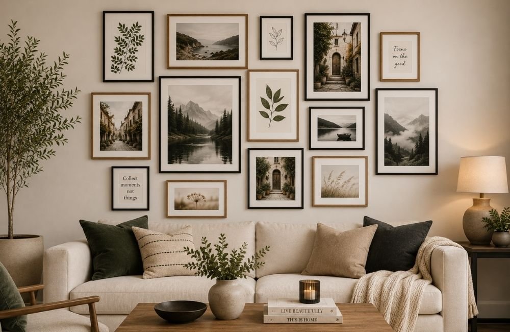 gallery wall arrangement ideas with framed artwork