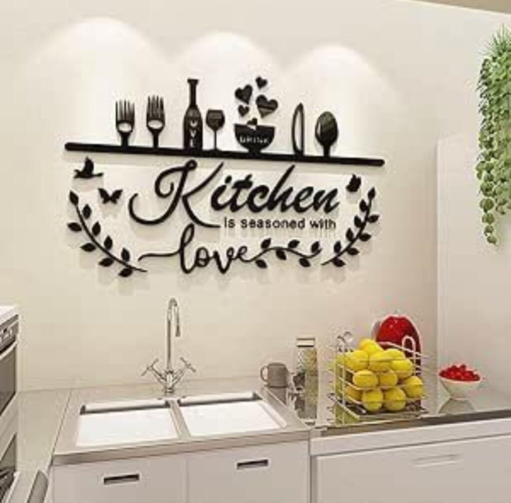 Modern kitchen wall with a mix of functional shelves, decorative art, and plants showing a balance of style and practicality.