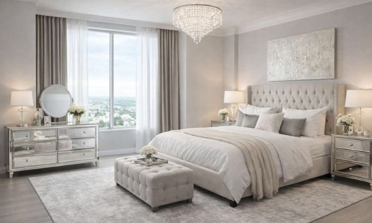 bedroom rug size guide showing placement under queen and king beds