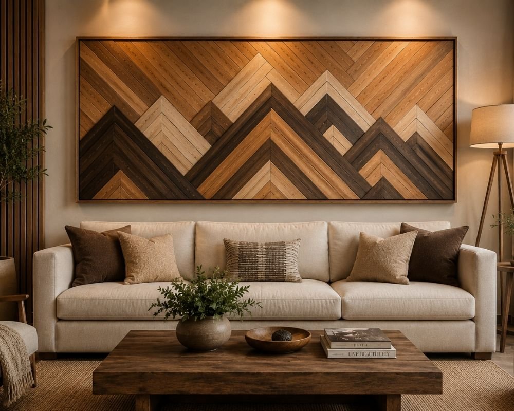 large wooden wall art above sofa showing proper scale