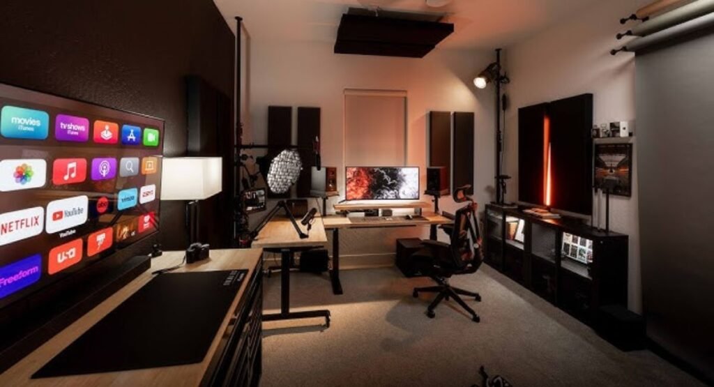 minimalist metal wall art in modern home office workspace