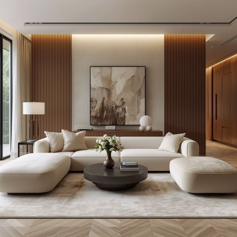 large metal wall art placed above sofa at correct height in living room