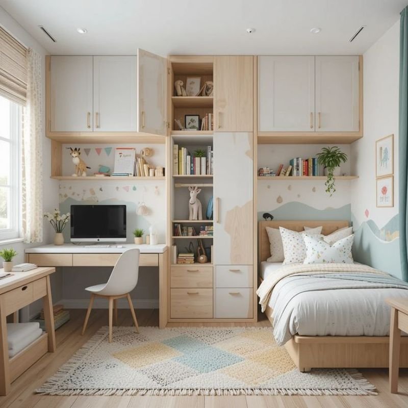 kids bedroom layout with study desk storage and play area design