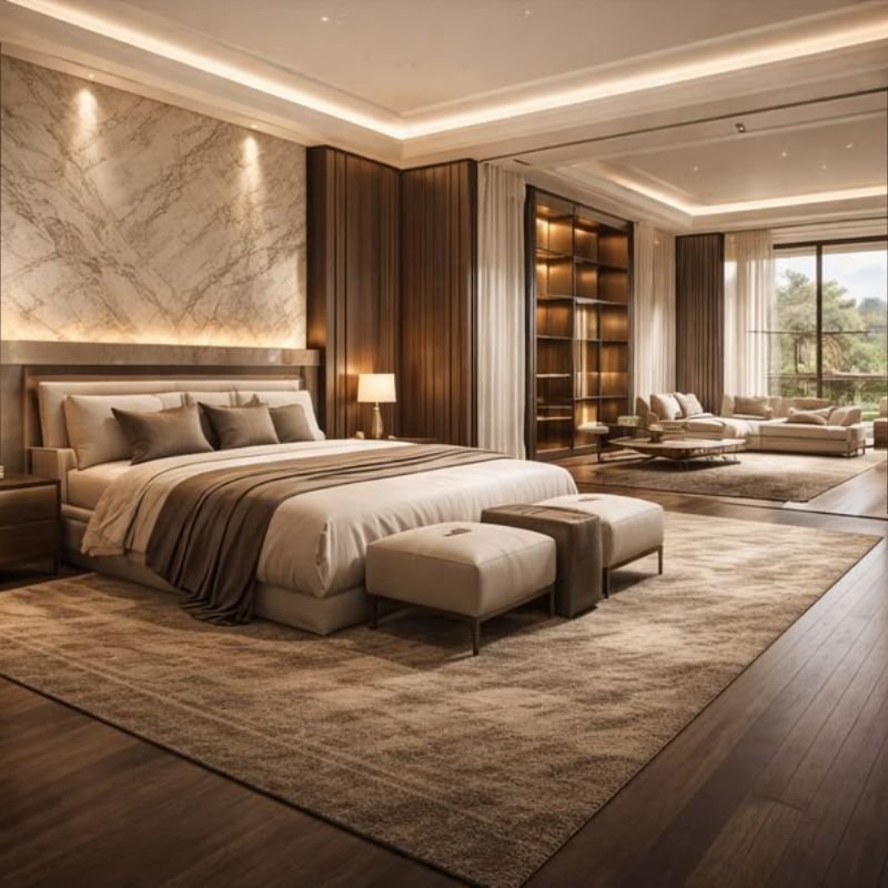 Minimalist king size bedroom set with neutral colors and modern interior design