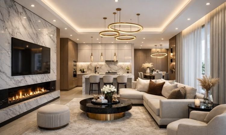 open plan kitchen and living room in modern 2 bedroom apartment