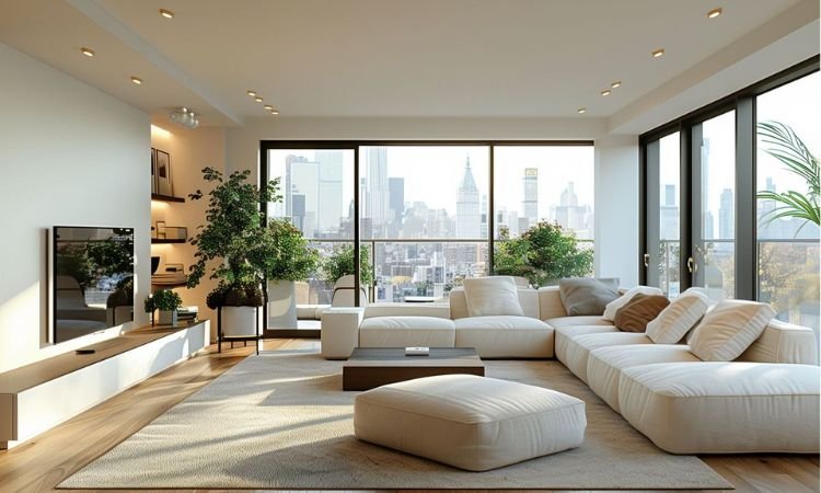 spacious living room in 3 bedroom apartments with modern furniture and natural light