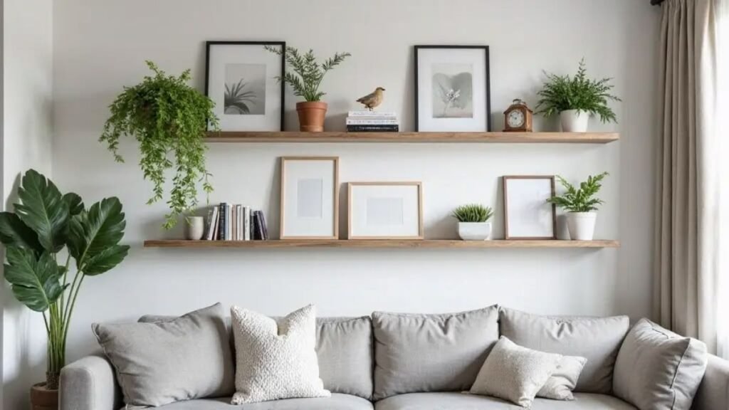 living room with gallery wall above sofa