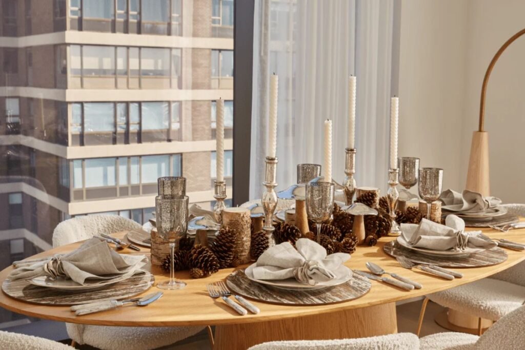 Table decor textures featuring linen, wood, and glass elements
