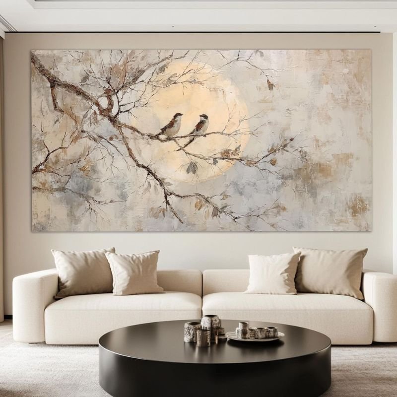 "Minimalist dining room wall decor with single large artwork and clean white walls"