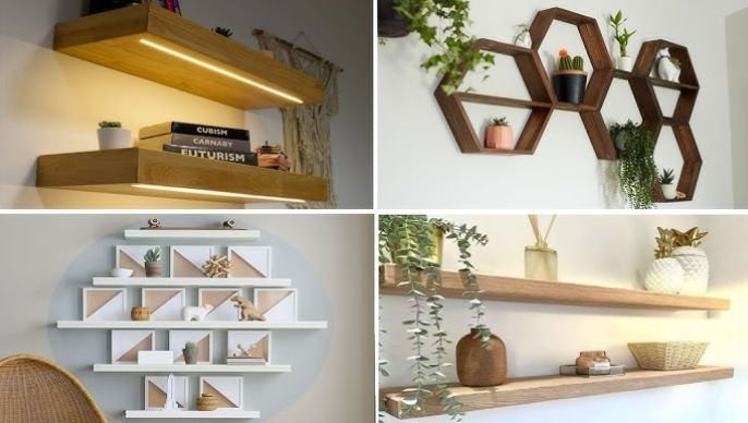 minimalist wooden floating shelves styled with plants and decor in modern home
