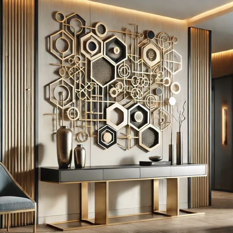 "Modern dining room wall decor with abstract art and geometric design elements"
