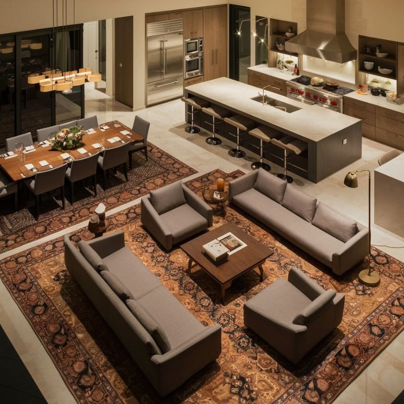 open plan kitchen and living room in 3 bedroom apartments modern interior design