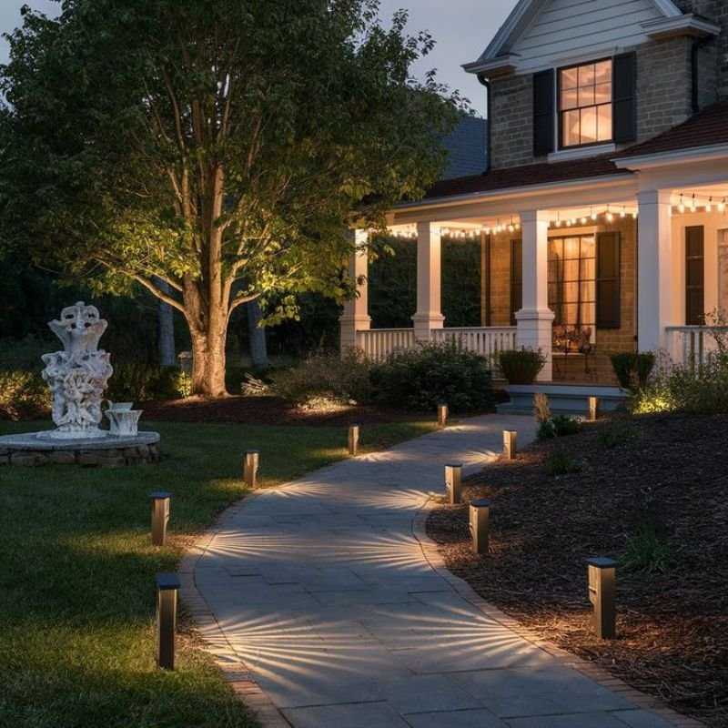 Stylish modern outdoor light fixtures illuminating pathways and entrance
