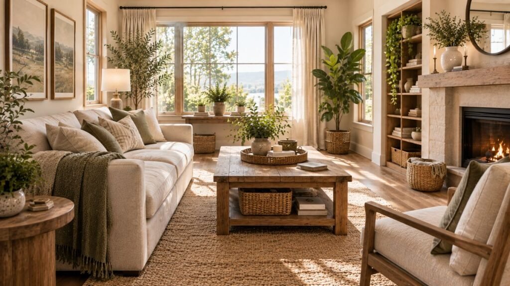 Living room decorated with wood and natural materials