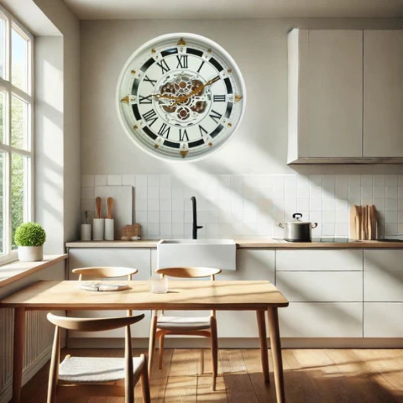 Large vintage wall clock adding style to a neutral kitchen wall.
