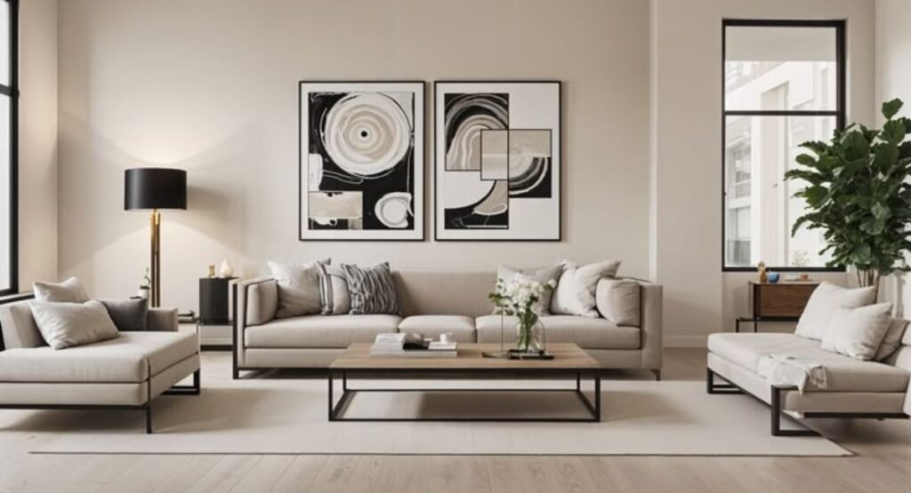 how to hang abstract wall art at eye level above sofa